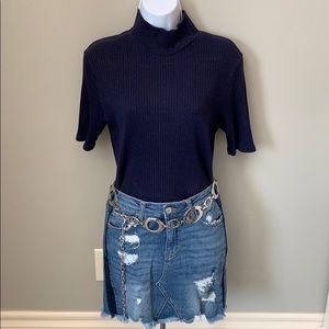 Ribbed Turtleneck Navy Blue Shirt